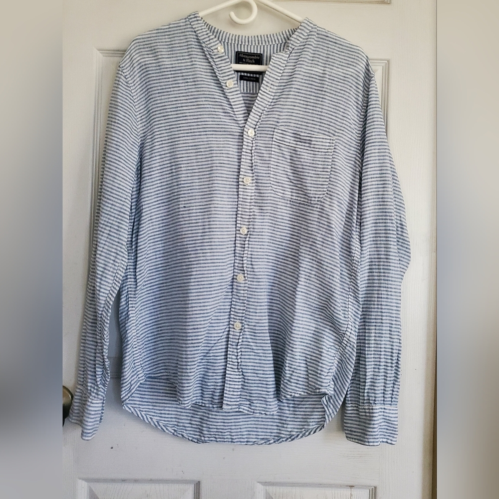 Abercrombie & Fitch 100% Linen Men's Light Blue Striped Button Down Shirt, SZ M - Picture 3 of 6